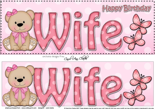 Large DL Happy Birthday WIFE 3D decoupage with Livvy Bear