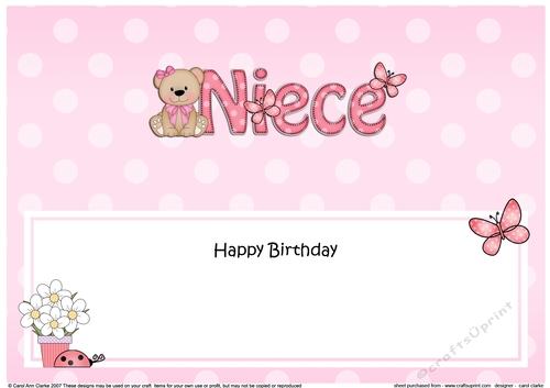 Large DL Happy Birthday NIECE insert with Livvy Bear