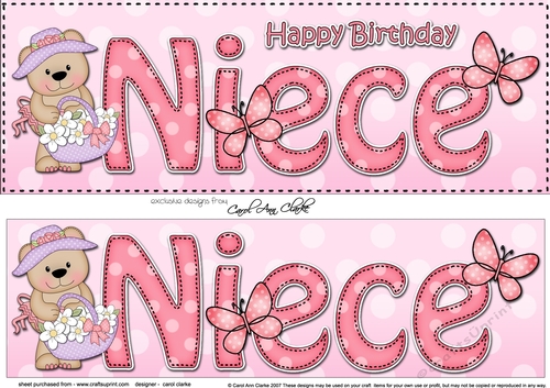Large DL Happy Birthday NIECE 3D decoupage with Livvy Bear