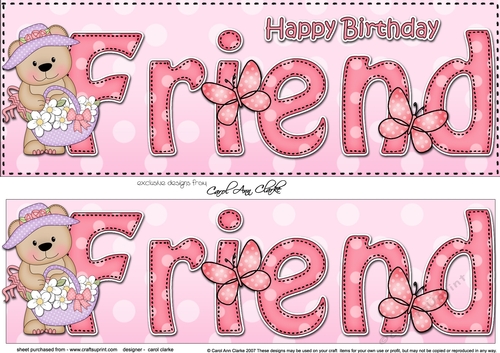 Large DL Happy Birthday FRIEND 3D decoupage with Livvy Bear