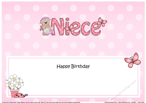 Large DL Happy Birthday NIECE insert with Livvy Bear