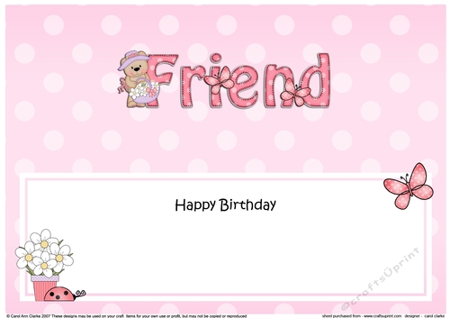 Large DL Happy Birthday FRIEND insert with Livvy Bear