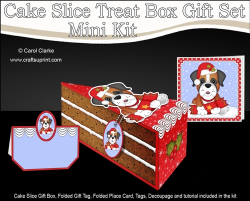 3D Christmas Cake Slice Treat Box Gift Set Mini Kit - Cute Little Boxer Dog has an Xmas Cracker