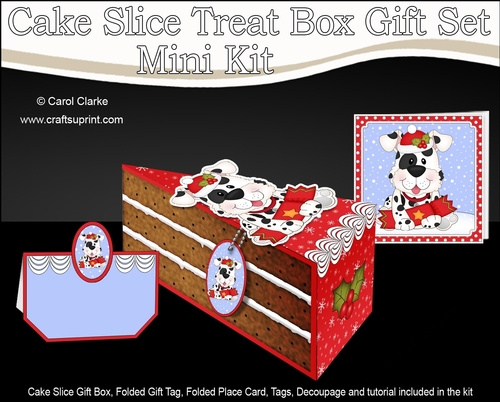 3D Christmas Cake Slice Treat Box Gift Set Mini Kit - Cute Little Spotty Dog has an Xmas Cracker