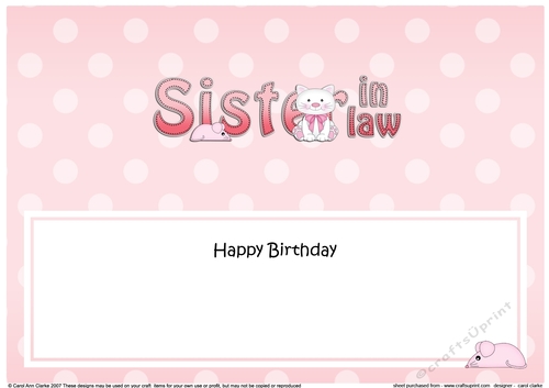 Large DL Happy Birthday SISTER IN LAW insert with Cute Cat