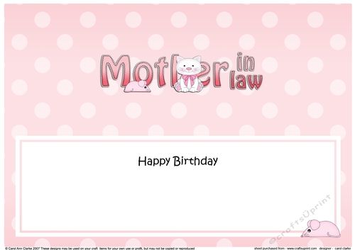 Large DL Happy Birthday MOTHER IN LAW insert with Cute Cat