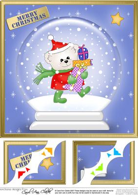 Cute Xmas Teddy Snowglobe 8 x 8 Scalloped Corner Topper