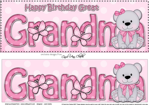 Large DL Happy Birthday GREAT GRANDMA 3D decoupage with Livvy Bear