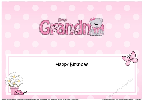 Large DL Happy Birthday GREAT GRANDMA insert with Livvy Bear