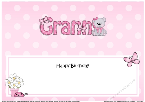 Large DL Happy Birthday GRANNY insert with Livvy Bear