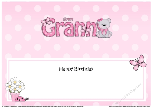 Large DL Happy Birthday GREAT GRANNY insert with Livvy Bear