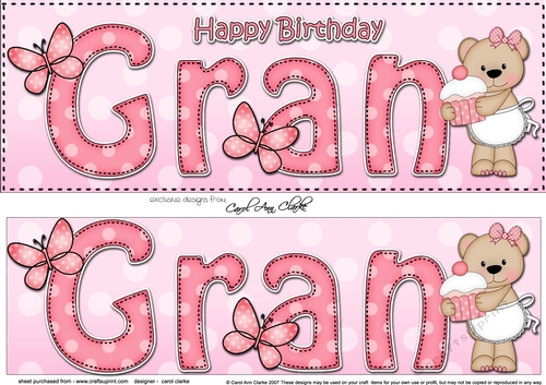 Large DL Happy Birthday GRAN 3D decoupage with Livvy Bear