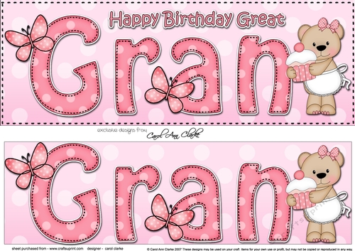 Large DL Happy Birthday GREAT GRAN 3D decoupage with Livvy Bear