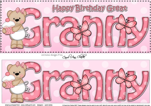 Large DL Happy Birthday GREAT GRANNY 3D decoupage with Livvy Bear