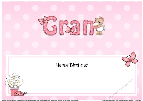 Large DL Happy Birthday GRAN insert with Livvy Bear