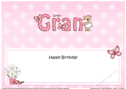 Large DL Happy Birthday GREAT GRAN insert with Livvy Bear