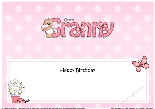 Large DL Happy Birthday GREAT GRANNY insert with Livvy Bear