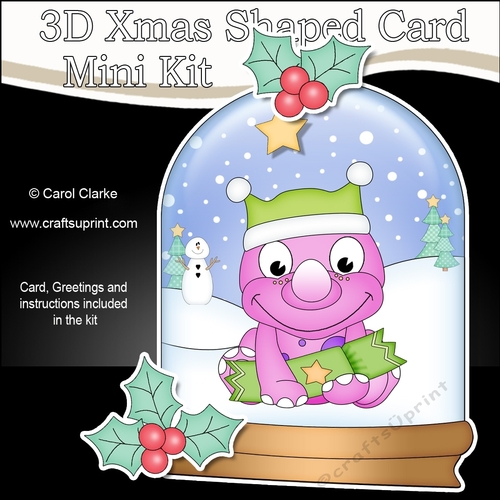3D Shaped Christmas Snow Globe Card Kit - Cute Little Dino has a Christmas Cracker