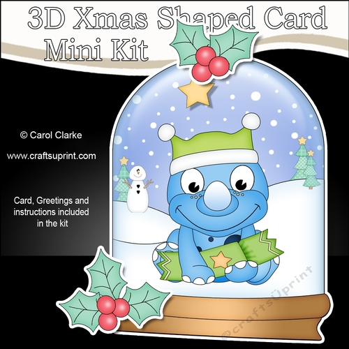 3D Shaped Christmas Snow Globe Card Kit - Cute Little Dino has a Christmas Cracker