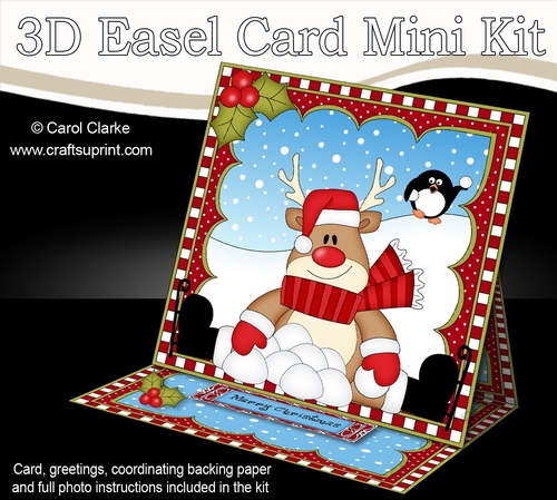 3D Easel Card Mini Kit - Christmas Rudolph has lots of Snowballs!