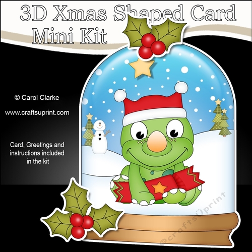 3D Shaped Christmas Snow Globe Card Kit - Cute Little Dino has a Christmas Cracker