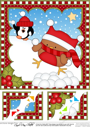 Christmas 8 x 8 Scalloped Corner Topper - Bobbin Robin is having a Snowball Fight!