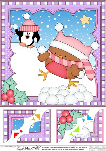Christmas 8 x 8 Scalloped Corner Topper - Bobbin Robin is having a Snowball Fight!