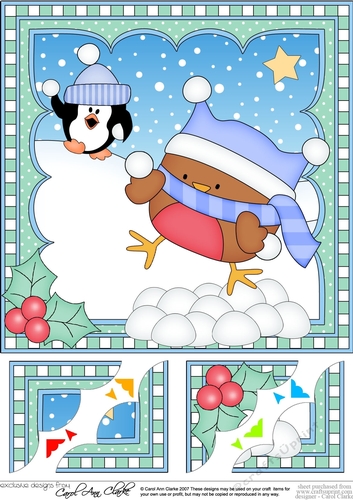 Christmas 8 x 8 Scalloped Corner Topper - Bobbin Robin is having a Snowball Fight!