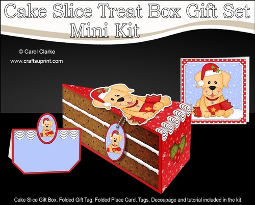 3D Christmas Cake Slice Treat Box Gift Set Mini Kit - Cute Little Golden Labrador Dog has an Xmas Cracker