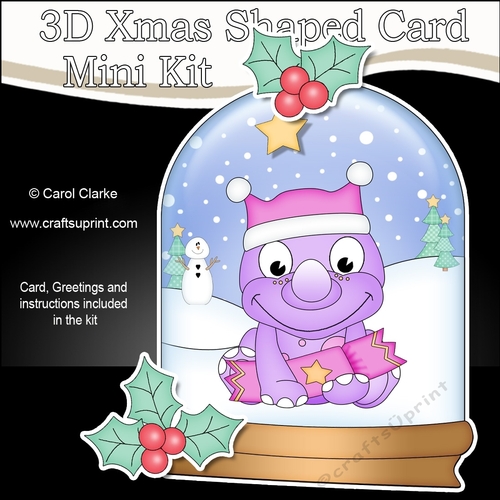 3D Shaped Christmas Snow Globe Card Kit - Cute Little Dino has a Christmas Cracker
