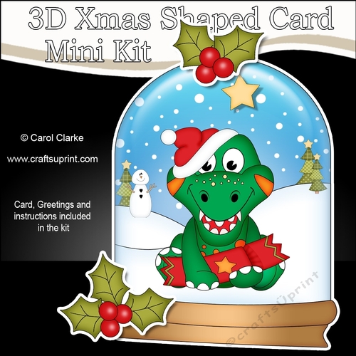 3D Shaped Christmas Snow Globe Card Kit - Cute Little Dino has a Christmas Cracker