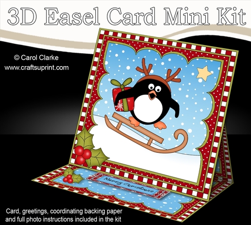 3D Easel Card Mini Kit - Christmas Pip Penguin is Sledging