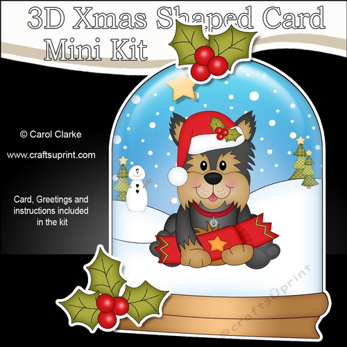 3D Shaped Christmas Snow Globe Card Kit - Cute Little Yorkie Dog