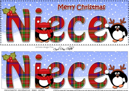 Large DL Merry Christmas NIECE 3D decoupage with Tartan Penguins