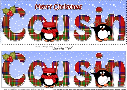 Large DL Merry Christmas COUSIN 3D decoupage with Tartan Penguins