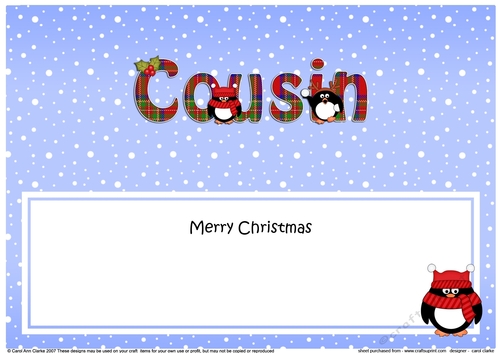 Large DL Merry Christmas COUSIN insert with Tartan Penguins