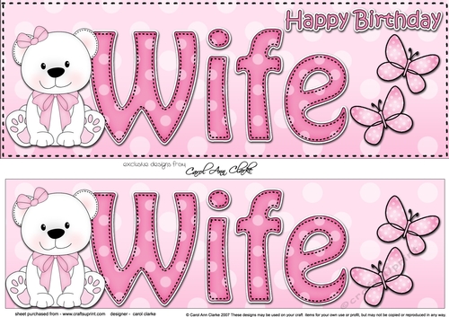 Large DL Happy Birthday WIFE 3D decoupage with Livvy Bear