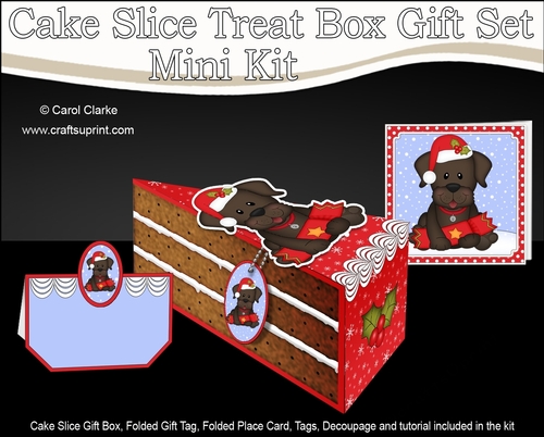 3D Christmas Cake Slice Treat Box Gift Set Mini Kit - Cute Little Chocolate Labrador Dog has an Xmas Cracker