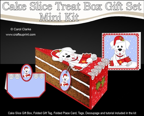 3D Christmas Cake Slice Treat Box Gift Set Mini Kit - Cute Little White Labrador Dog has an Xmas Cracker