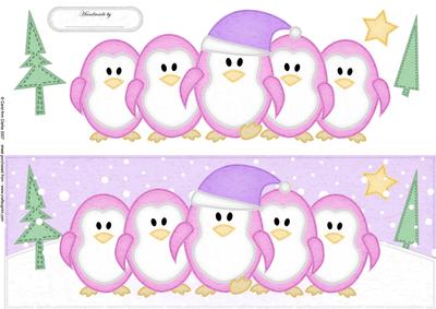 Large Dl Penguins on Parade Quick Card with 3D Decoupage