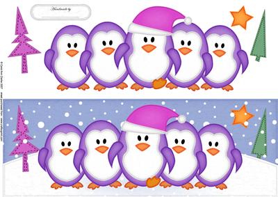 Large Dl Penguins on Parade Quick Card with 3D Decoupage