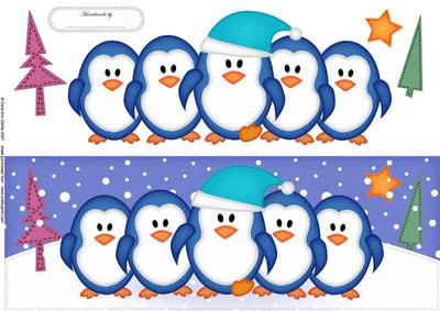 Large Dl Penguins on Parade Quick Card with 3D Decoupage