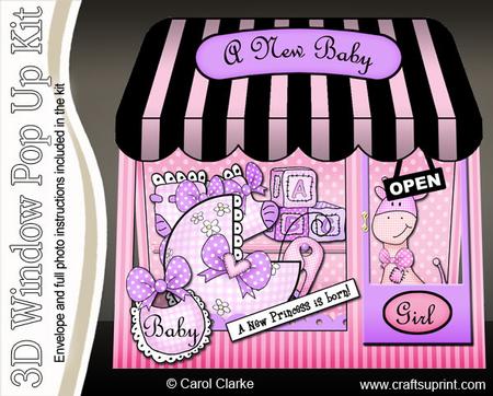 3D Baby Girl Window Pop Up Card Decoupage N Envelope