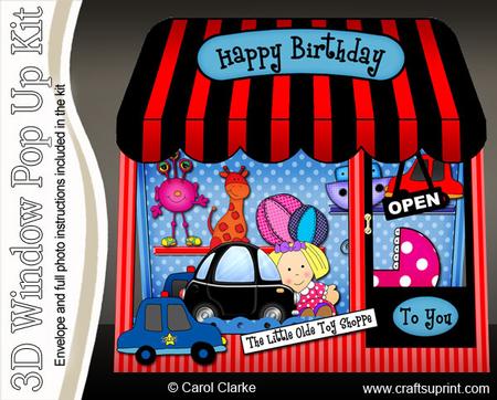 3D the Little Toy Shop Window Pop Up Card Decoupage N Envelo