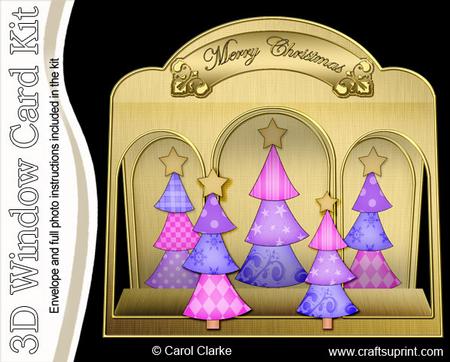 3D Funky Xmas Trees Window Card Kit Decoupage N Envelope