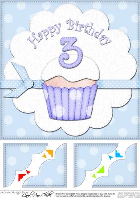 8 x 8 3rd Birthday Cupcake Felties Scalloped Corner Topper