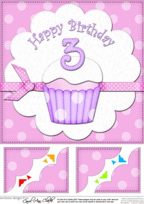 8 x 8 3rd Birthday Cupcake Felties Scalloped Corner Topper