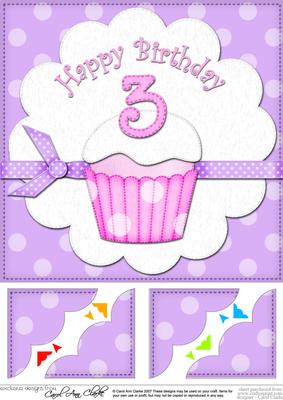 8 x 8 3rd Birthday Cupcake Felties Scalloped Corner Topper