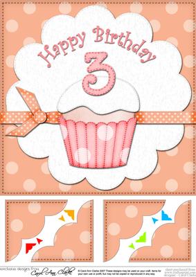 8 x 8 3rd Birthday Cupcake Felties Scalloped Corner Topper
