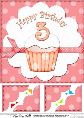 8 x 8 3rd Birthday Cupcake Felties Scalloped Corner Topper